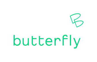 Logo with green text reading butterfly